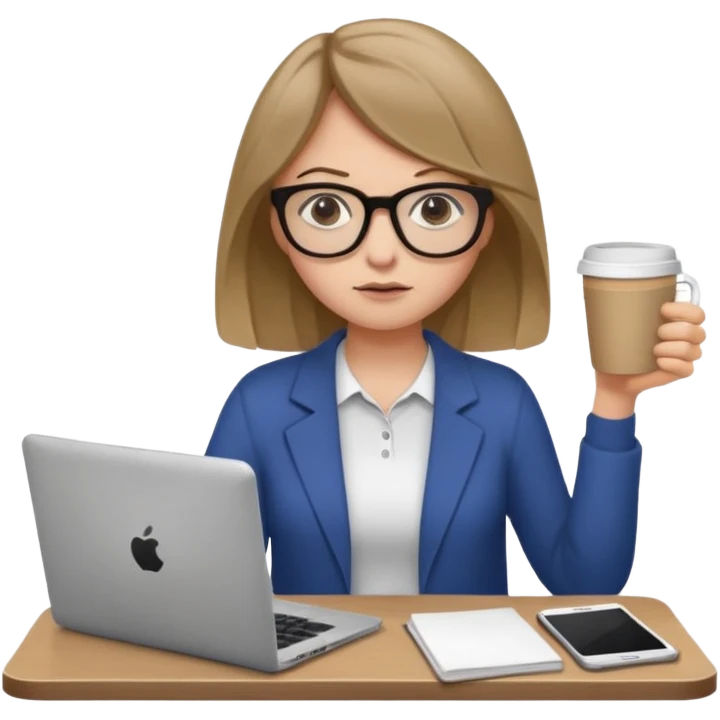 Девушка с темно русыми волосами у которой шесть рук в руках кофе ноутбук телефон папки тетради она очень уставшая  emoji