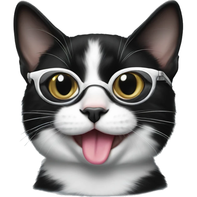 tuxedo cat wearing glasses and tongue out emoji
