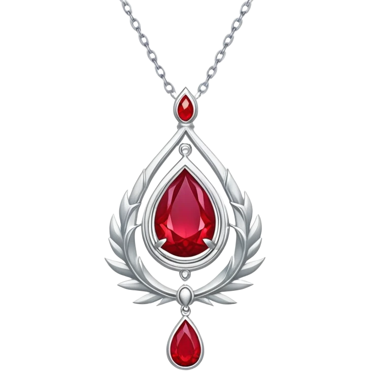 cosmic phoenix talisman: teardrop ruby radiating rebirth energy, ember edges, silver chain floating emoji