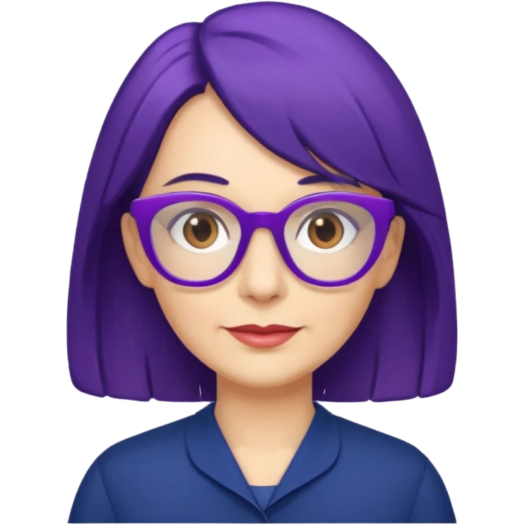 50-year-old woman with purple glasses, brown eyes, and navy blue shoulder-length hair emoji