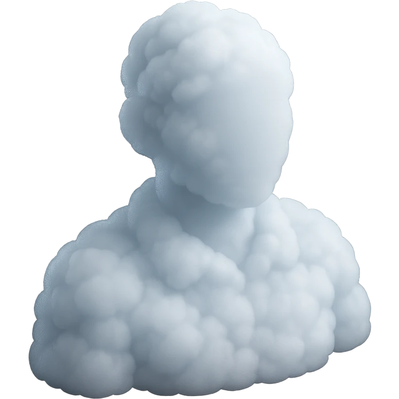 faceless person, facing straight, composed entirely of white fluffy convex clouds, shoulders up, no shadows, matte glass style emoji