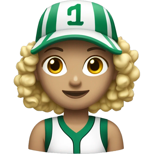 Blonde curly hair softball player wearing a visor  with green and white jersey  emoji