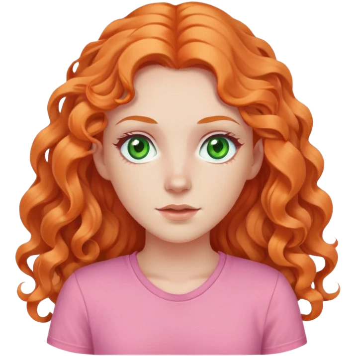 white pale girl with long curly orange hair, green eyes, pink shirt emoji