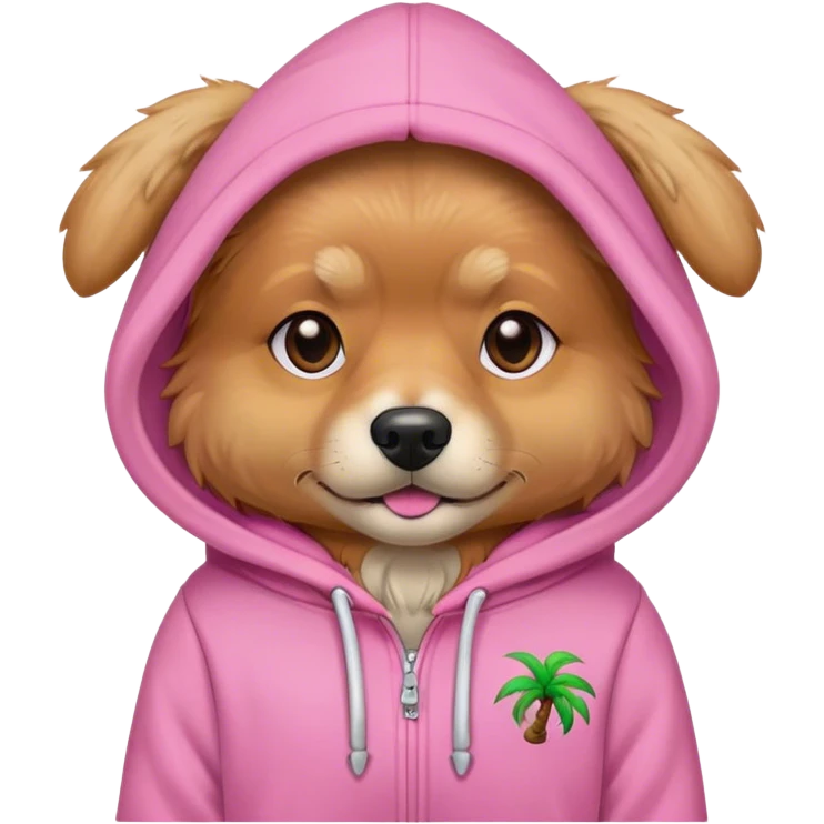 Dog wearing a pink palm puff hoodie￼ emoji