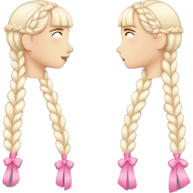 A white girl wearing white T-shirt with two braids and bangs with pink ribbon bow on each braid emoji