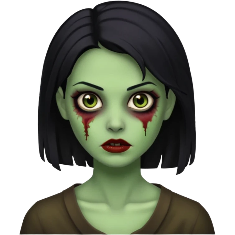 Faça uma zombie mulher bonita verde com olhos castanhos cabelos pretos partido ao meio liso, com estilo  emoji