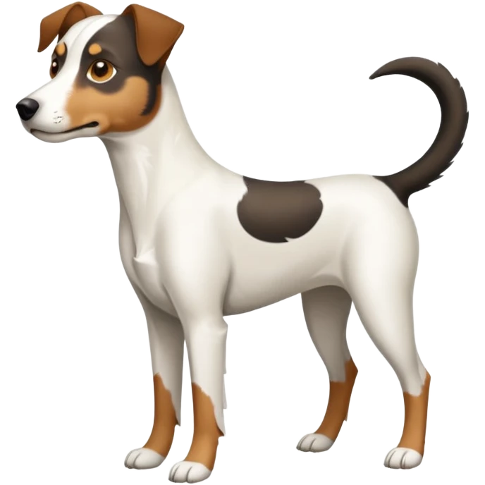a full body large white parson russell looking dog the size of a kelpie with light brown flopped down ears and a light brown patch on one eye and a large snout emoji