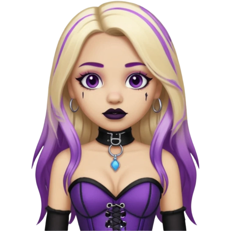 Ai light skin girl , who has straight long length blonde hair with heavy purple streaks , hazel eyes , and doll like makeup , with a septum piercing, in a black corset emoji emoji