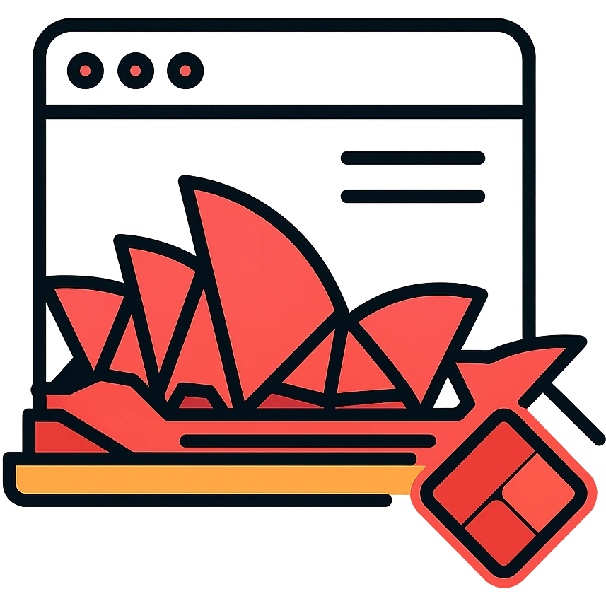 Sydney Opera House with digital page elements, tech-inspired, red and white, Microsoft Power Pages branding icon emoji