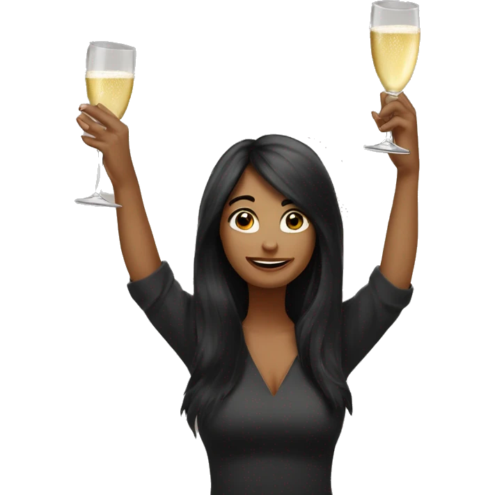 Funny woman with black long hair drinks champagne and otherhand raised up high emoji