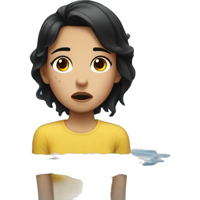 A girl with black hair is lying and crying in a puddle emoji