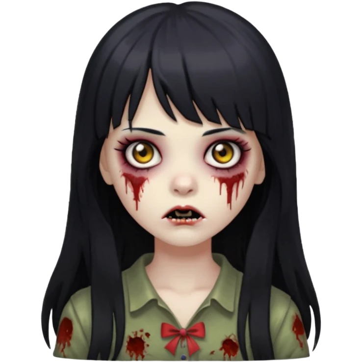 faça o emoji de uma menina zumbi de cabelos longos pretos com franja emoji