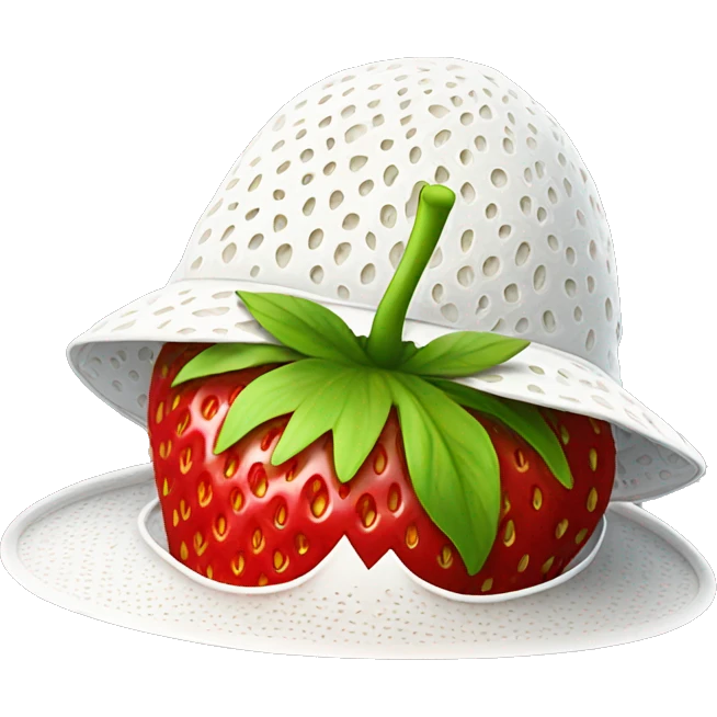 Red strawberry, smiling wearing a white sun hat emoji