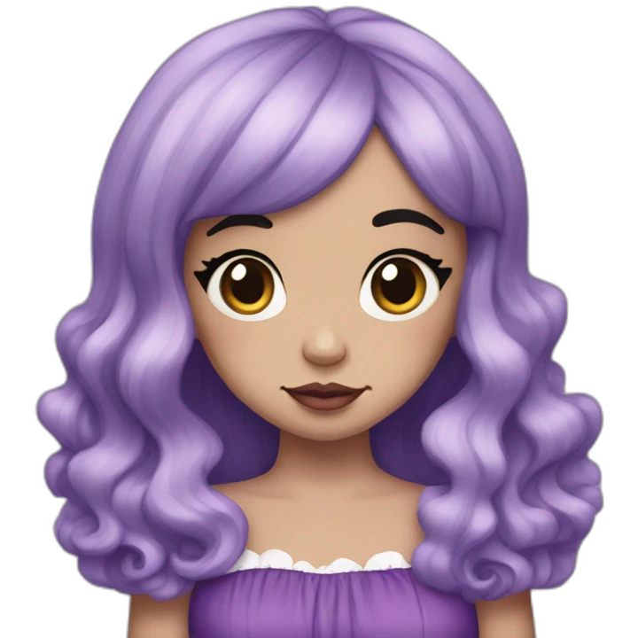 Melanie Martinez with long split dye hair and a purple dress with a heart emoji