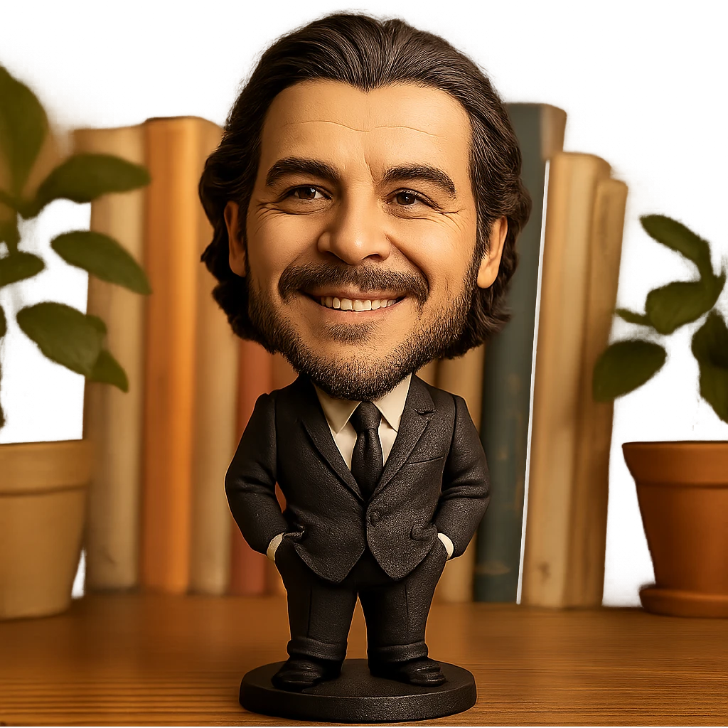 statuette of Che Guevara in a suit and tie, big head, confident smile emoji