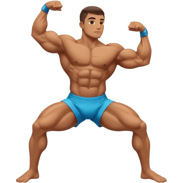 A bodybuilder doing a side lunge and flexing his biceps his kneels more down emoji