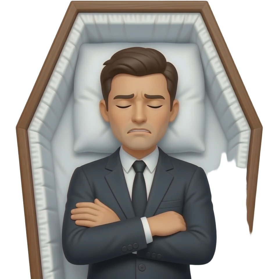 Me laying in a coffin with my arms crossed on my chest with hands in shoulders with closed eyes and stressed face emoji