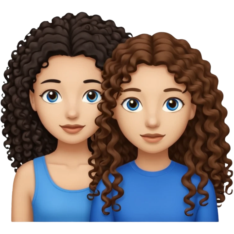 Two best friends .bestie 1: beige skin with brown long hair and blue eye. Bestie 2:mixed race skin with curly black hair and brown eye emoji
