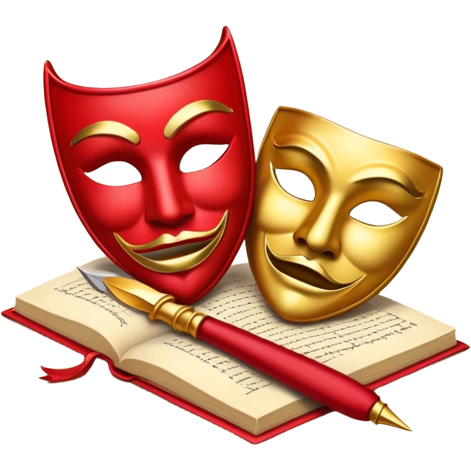 Create a bold and dramatic emoji representing the art of playwriting. The design should feature an open script or a theater playbook, with stylized text inside. Include elements like a theatrical comedy and tragedy masks, a stage spotlight, or a writting quill to symbolize creativity and performance. Use deep, contrasting colors like red, black, and gold to evoke the intensity and passion of drama. The overall design should feel dramatic, inspiring, and artistic. Make the background transparent. emoji