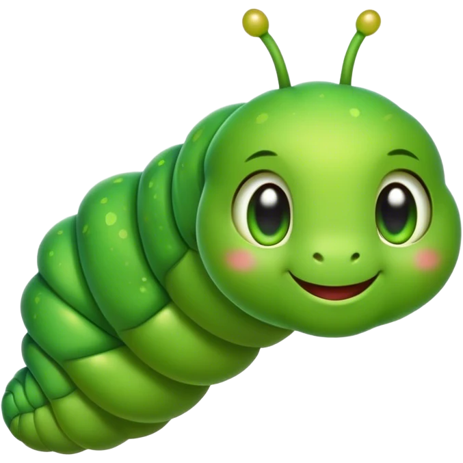 Cinematic Realistic Cute Caterpillar Portrait Emoji, Head tilted playfully and inquisitively, featuring a compact, segmented body in bright, vibrant green with delicate, inviting textures and a charming, rounded face with sparkling eyes full of curiosity, rendered with lifelike detail and natural highlights, high shine, affectionate and spirited, styled with a touch of garden whimsy, soft glowing outline, capturing the essence of a mischievous yet lovable caterpillar that seems poised to crawl cheerfully into your arms! emoji