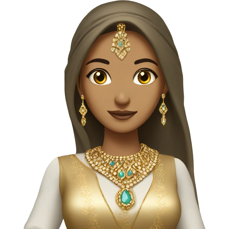 Arab princesse with gold jewellery with tan skin and long hair and beautiful arab dress  emoji