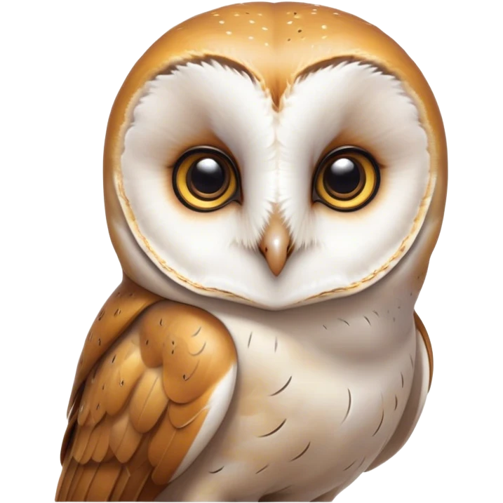 Cinematic Cute Barn Owl Portrait Emoji, Head tilted playfully and inquisitively, featuring a softly mottled Fur of white and brown with delicate feather patterns, round, sparkling amber eyes filled with curious wonder, Simplified yet irresistibly adorable features, highly detailed, glowing with a warm, friendly glow, high shine, affectionate and gentle, stylized with a touch of barnyard whimsy, bright and endearing, soft glowing outline, capturing the essence of a mischievous yet loving owl, so playful it feels like it could swoop out of the screen and into your arms! emoji