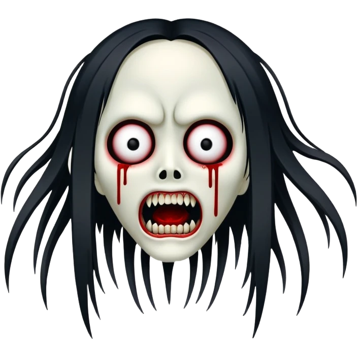 terrifying japanese yurei ghost with pale distorted face, black hollow eyes, impossibly wide mouth filled with countless needle-like teeth, blood stains, contorted body emoji