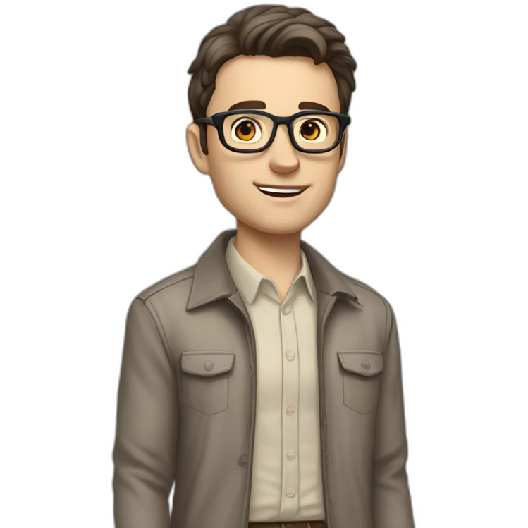 Full height Pale skinned Fit Man With dark brown hair in gray classic jacket, beige office shirt, Brown pants and vintage glasses. Thrumbs of his palms upwards emoji
