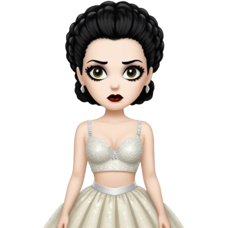 Bride of Frankenstein with black hair, ivory sequin bra, ivory sequin long skirt  emoji