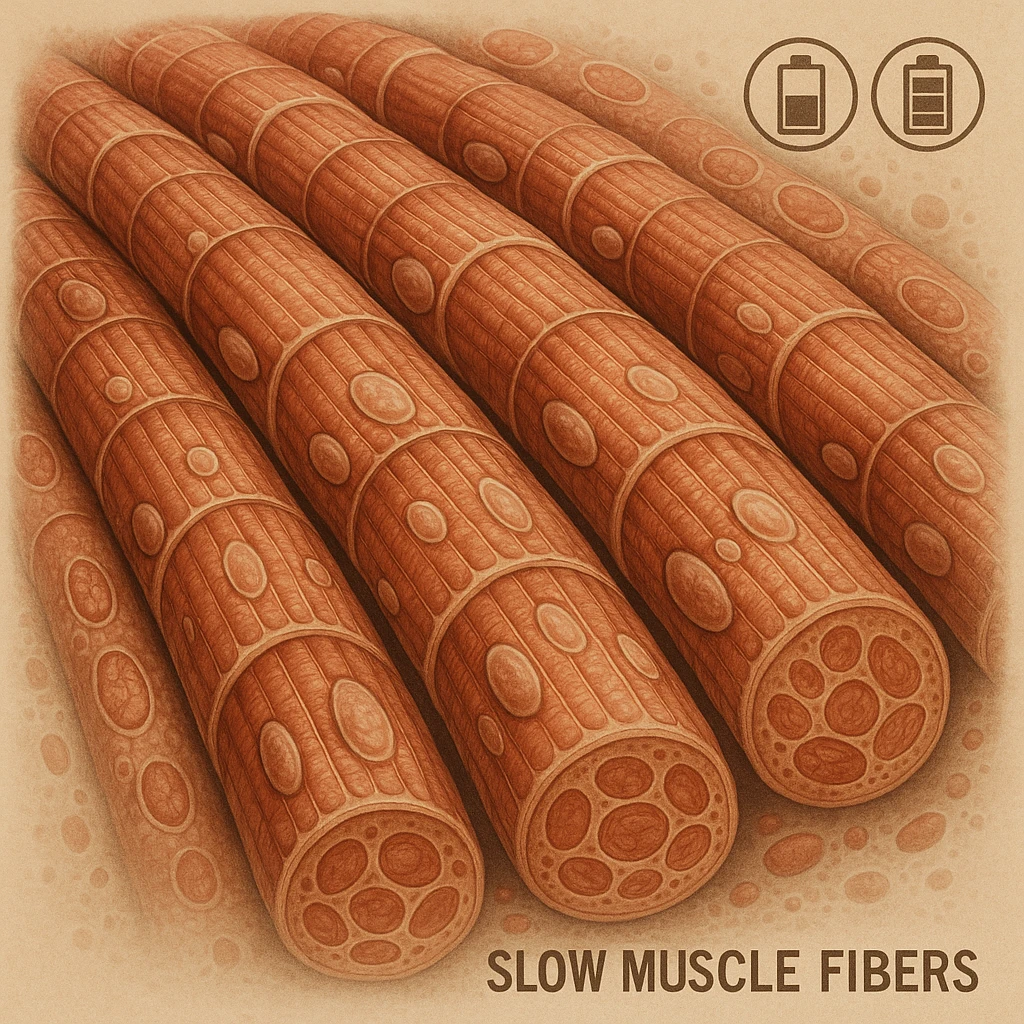 hyper realistic illustration of slow muscle fibers with dense and minimally expanded structure, saturation icons like full tanks, scientific atmosphere, cellular details, neutral background emoji
