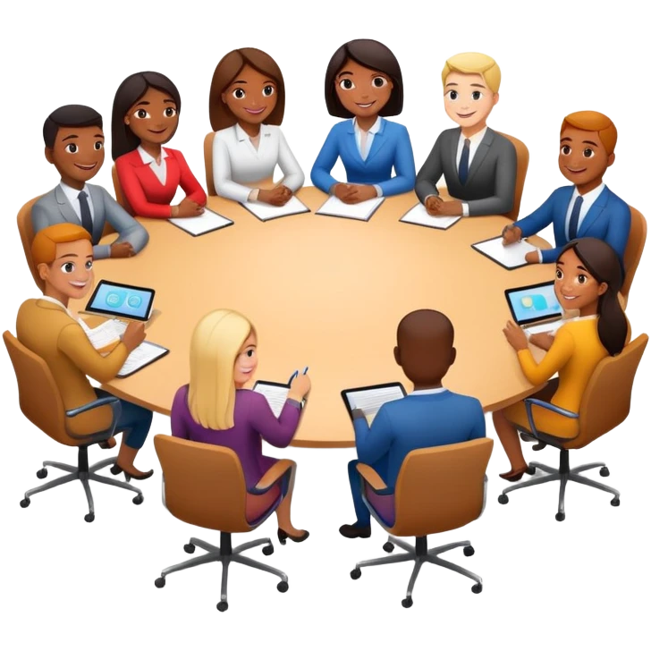 coworkers brainstorming ideas at a round conference table emoji