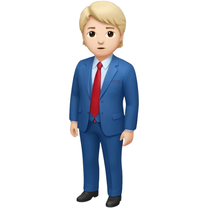 CHANGE TO SHOW THE FULL BODY, FROM AN ISOMETRIC OVERHEAD ANGLE, WITH MUCH PUFFIER HAIR (IN HIS DISTRICTIVE STYLE), WITH A LARGE, BLOATED STOMACH, WEARING A BLUE SUIT AND RED TIE, TURNED SLIGHTLY TO THE SIDE, IN THE STYLE OF ISOMETRIC FIGURES. emoji