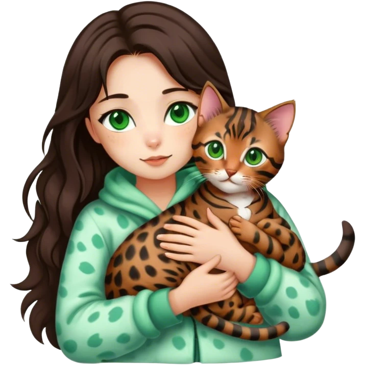 girl with green eyes and long brown hair holds a bengal kitten in her arms emoji