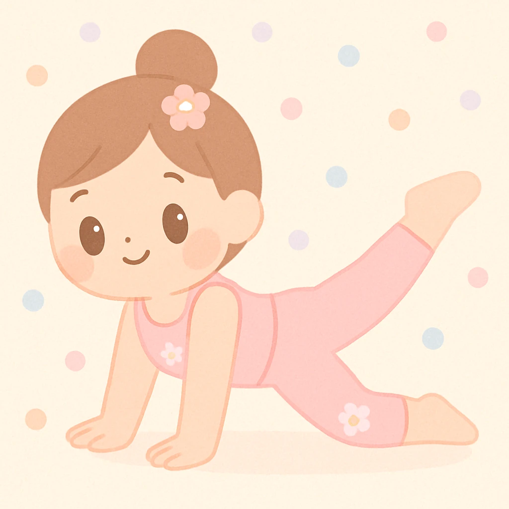 girl in pink pilates outfit with floral accents, cheerful and cute emoji
