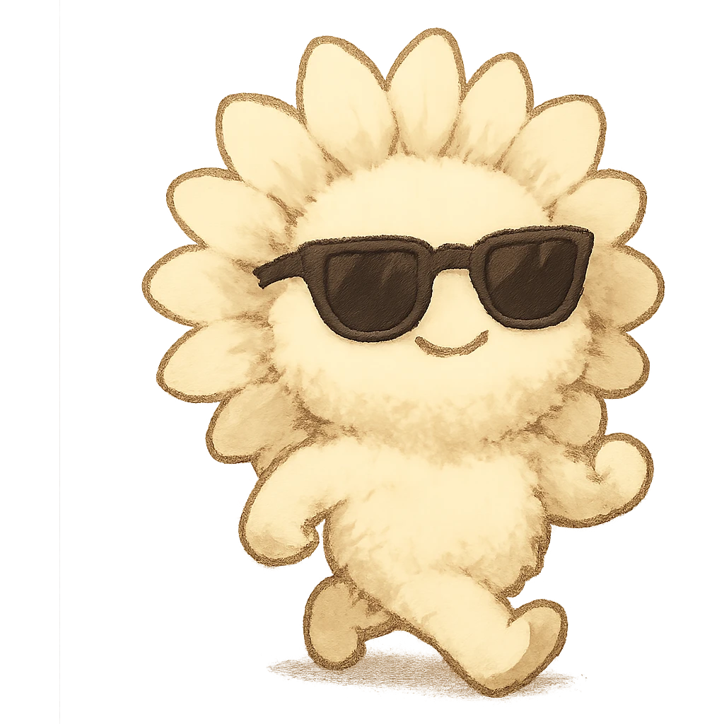 chibi fluffy sunflower, creamy yellow, with sunglasses, strutting with confidence, full body emoji