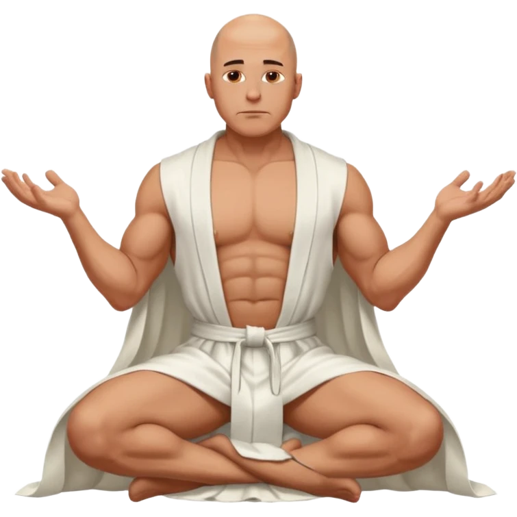 fullbody jacked bald guy, sleeveless and unbuttoned in full white robe sitting without chair and hands down emoji