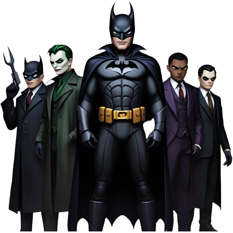 Icon for Thriller Movies: A large, dramatic collage featuring sinister villains in dark clothing. The background shows the gloomy cityscape of Gotham, with dim lighting and eerie shadows. The atmosphere should be tense, mysterious, and suspenseful. Transparent background. emoji
