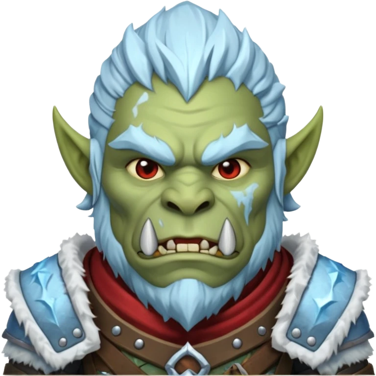 Fantasy Christmas orc portrait icon, frost clan warrior style, winter fur armor, icy details, strong brutal face, snowy battlefield mood, clean emoji style, male/female variant emoji