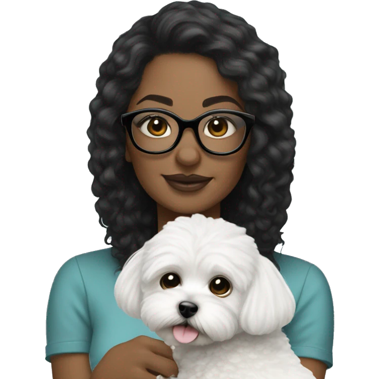 Beautiful woman with black glasses holding white MaltiPoo emoji
