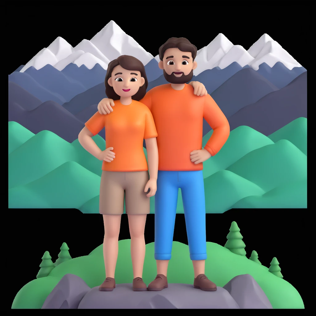 back packer couple posing, mountains in background,   close up pose emoji