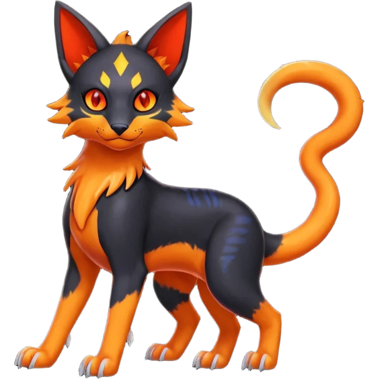 Colorful orange red black yellow Bastet-Salandit-Umbreon-Gatomon-Vernid-Protogen-Digimon-Fakémon-Pokémon-creature  (full body) emoji