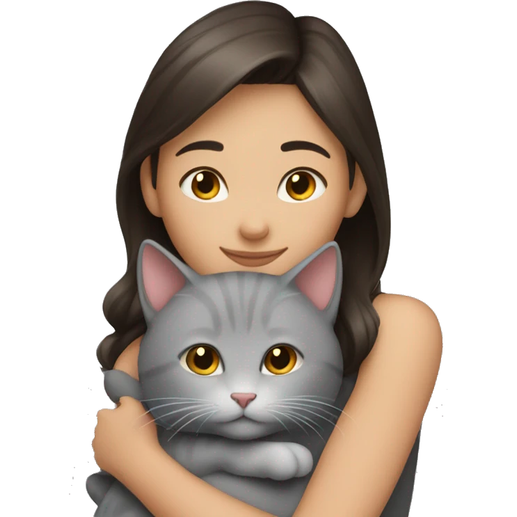 Brunette girl hugging gray cat emoji