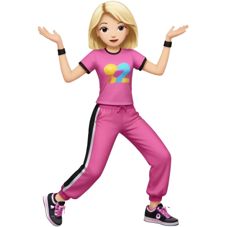 Hiphop dancer, with cute big pants, sneakers, and t-shirt. White girl blond. Coloufull shirt. No pocket pants. Dancing. Pink and black plain outfit. No sweatbands on the wrist, black music box behind her. emoji