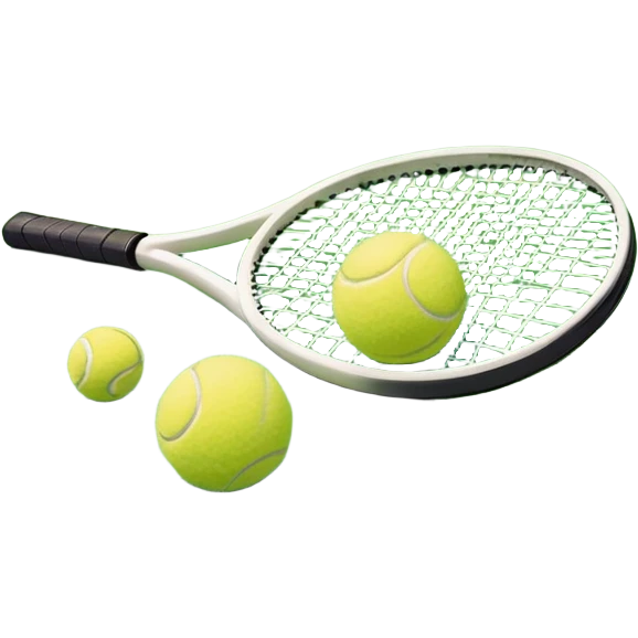 A tennis racket and a ball placed on the ground, with a tennis court in the background. The court lines and net are visible, emphasizing the structure and focus of the sport, creating a dynamic and energetic vibe. emoji