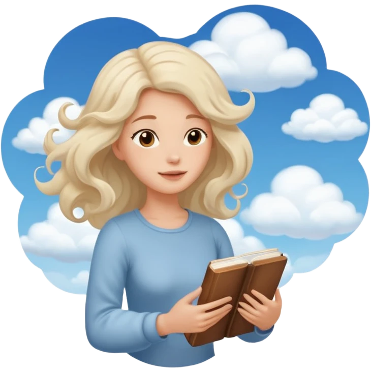 Dreamy, kind, empathetic — like they’re not fully grounded. woman flying in the clouds with a book emoji
