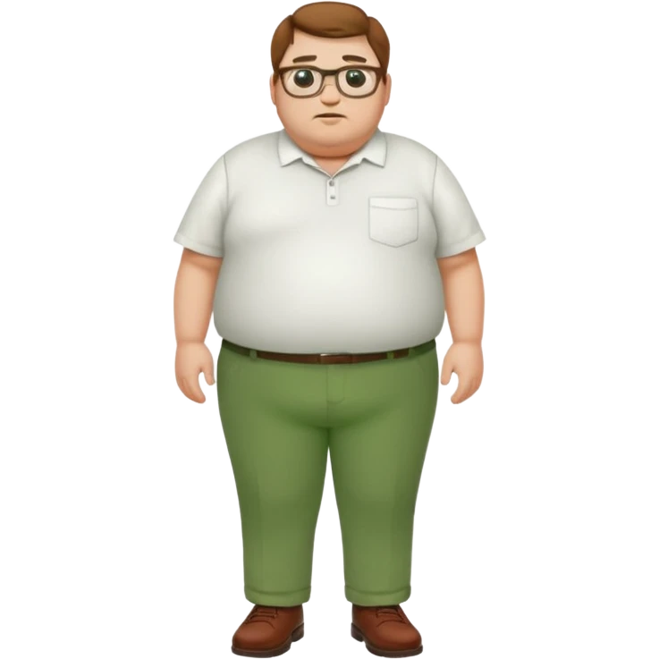 Fa fat man with glasses with a but chin and white shirt and green pants also brown shoes  emoji