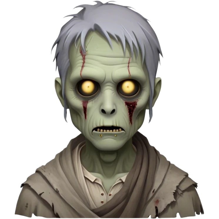 Cinematic Noble Zombie Portrait Emoji, Surprisingly dignified and somber, with a decaying yet strangely regal visage in ashen grays and muted tones, draped in tattered attire hinting at a lost grandeur, simplified yet meticulously detailed, glowing with a soft, eerie radiance and a gentle outline that evokes the tragic nobility of the undead! emoji