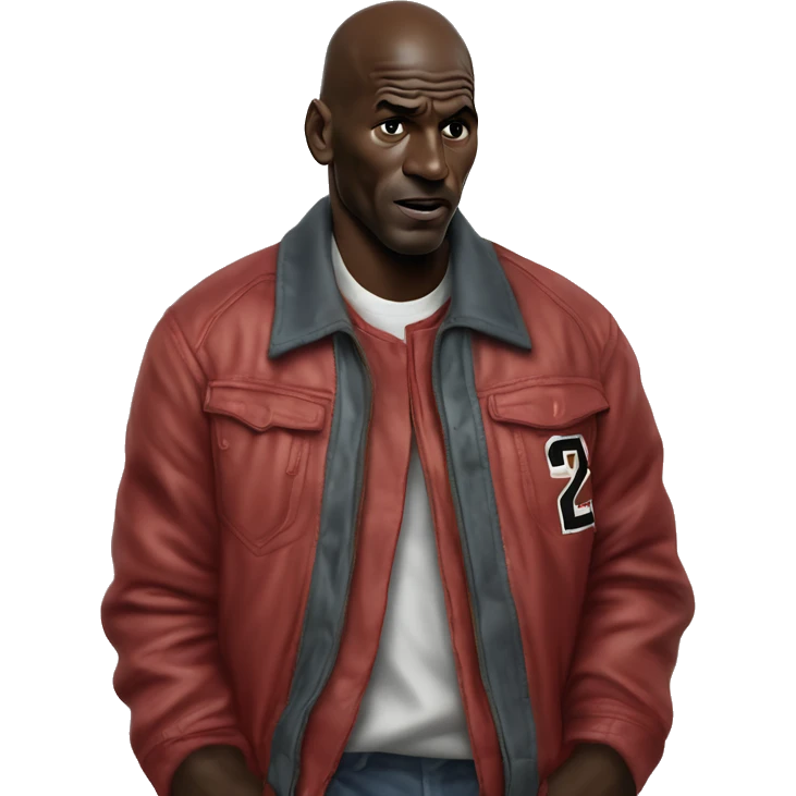 Michael Jordan in a jacket holds his head and is sad photorealistic serious emoji