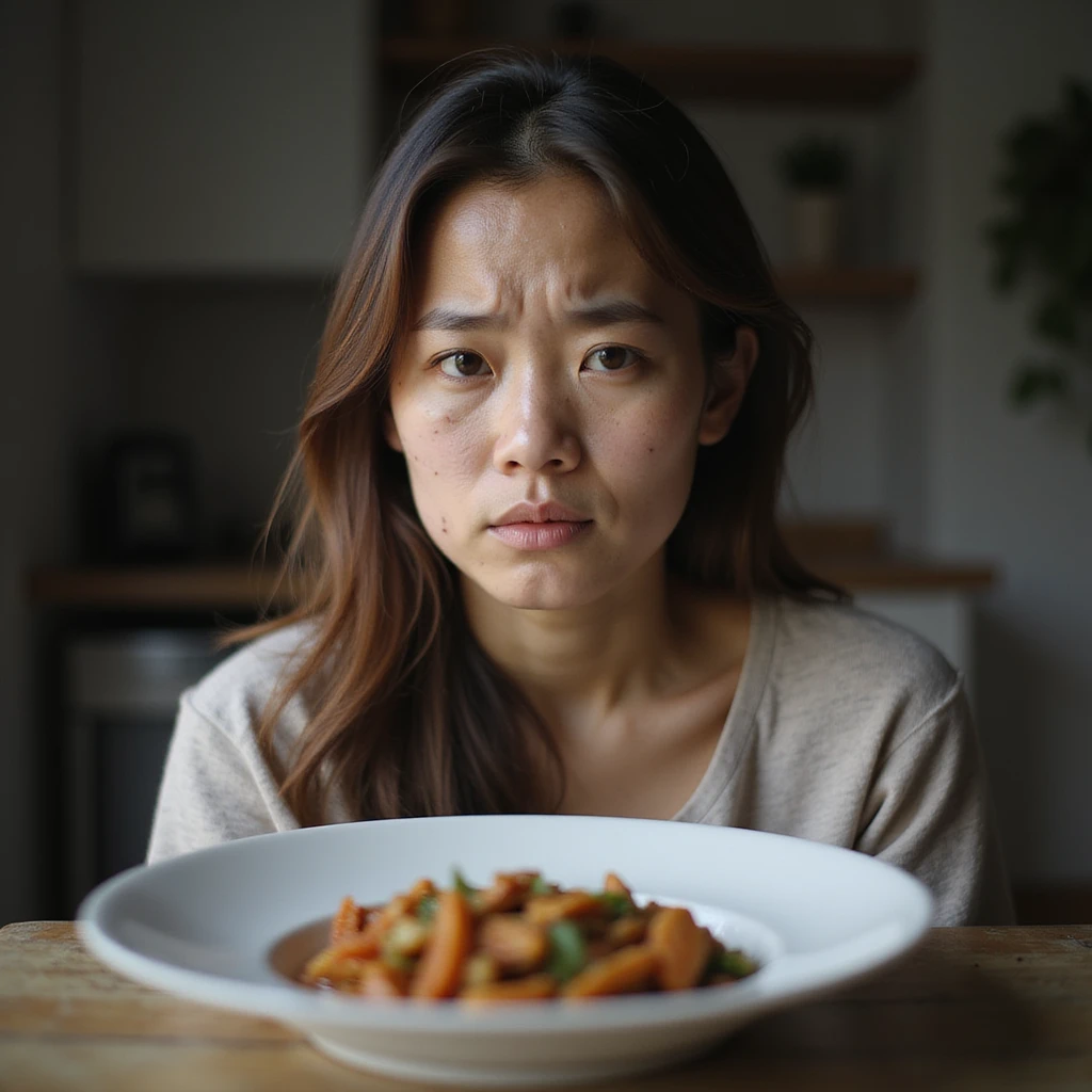 vertical 9:16 portrait of a woman with PCOS looking at her ketogenic plate with a disappointed expression, face with acne, chin facial hair, thin hair, home environment, hyperrealistic 4K details emoji