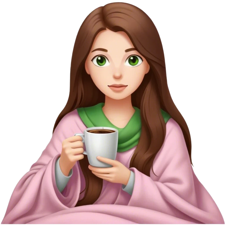 A pretty white girl with very long brown hair and green eyes in a light pink blanket sipping coffee emoji